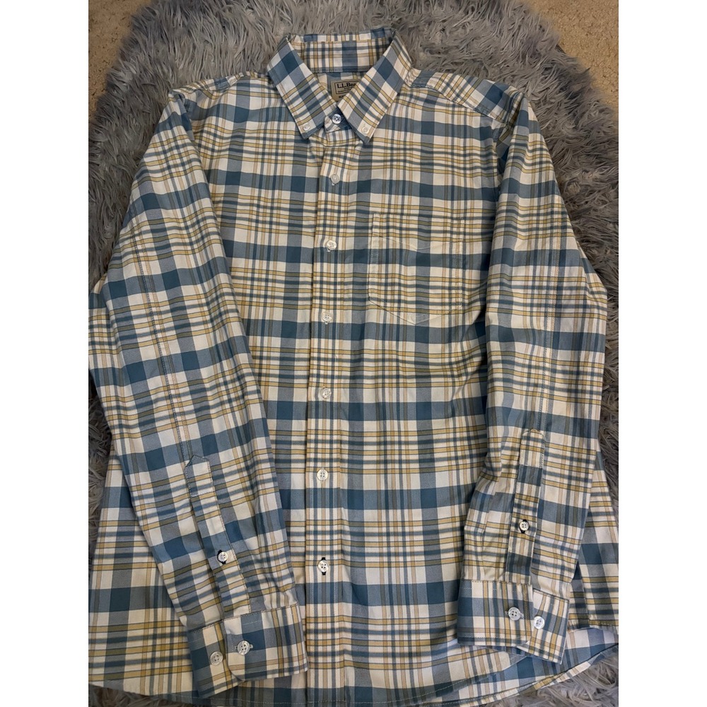 LL Bean Plaid Button Down Shirt Blue Yellow Long Sleeve Slightly Fitted M